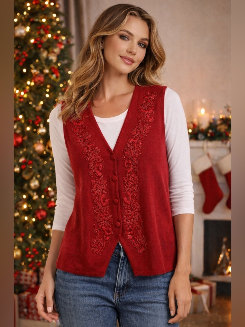 Women’s Vintage Jessica ( Sears ) Cranberry Red Beaded Sweater Vest Size Large
